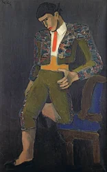 Torero, com um joelho tropeçando em uma cadeira